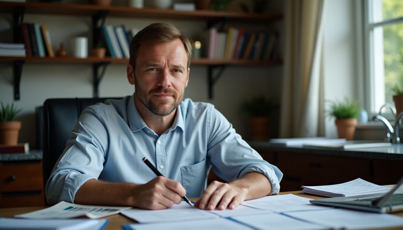 A man creates a financial plan at cluttered desk in home.