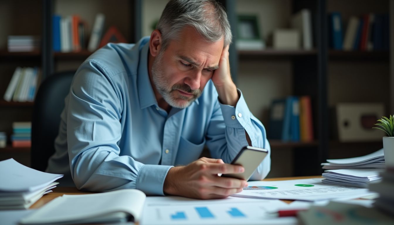 A stressed investor scrolling through stock charts in a cluttered office.