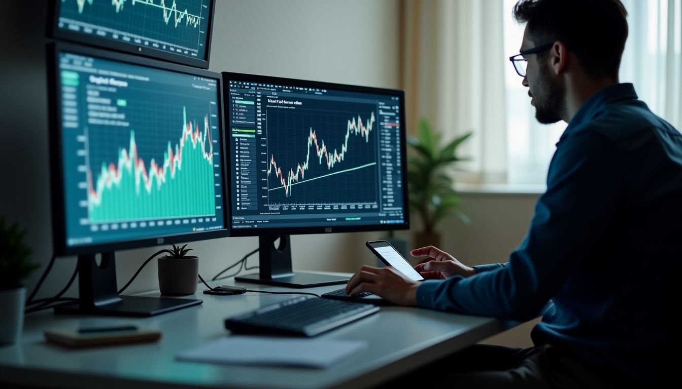 An office desk with multiple monitors displaying credit-linked notes charts.