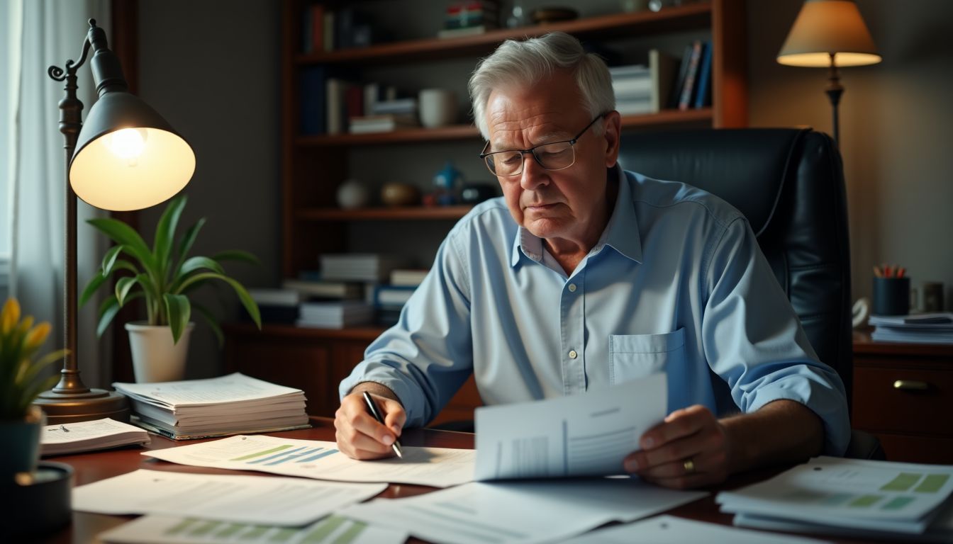 An elderly man carefully examining investment portfolio documents in a cluttered home office.