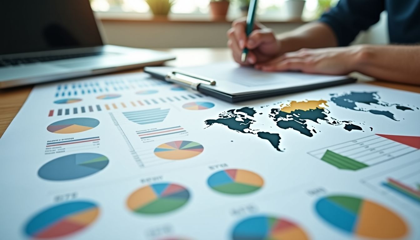 A diverse range of offshore investment options including mutual funds, stocks, bonds, and real estate laid out on a desk.