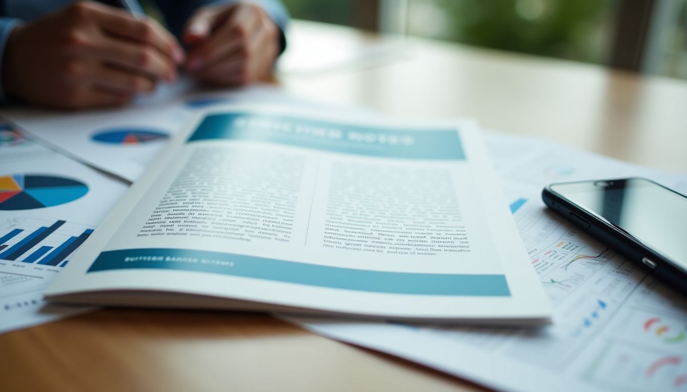 A brochure on structured notes and financial charts on a desk.