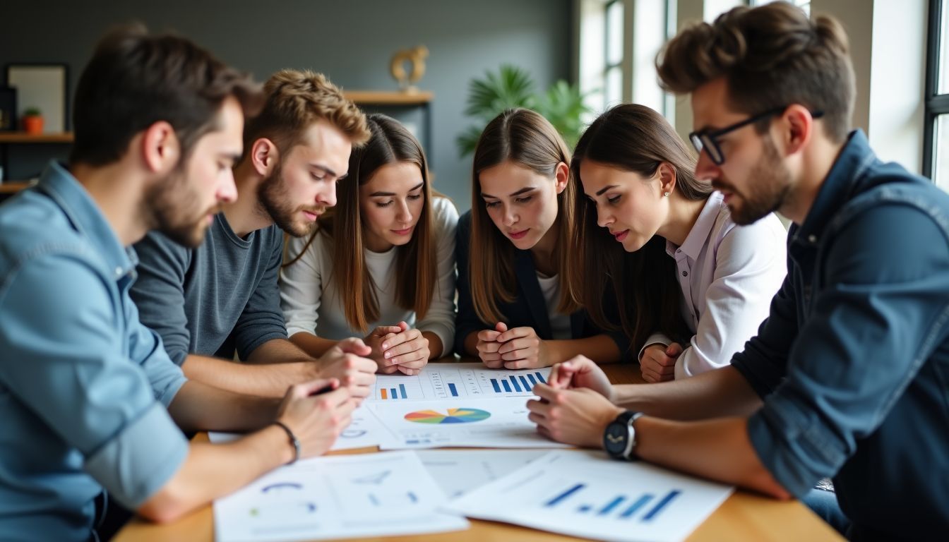 A group of young investors analyzing graphs and charts in a casual office.