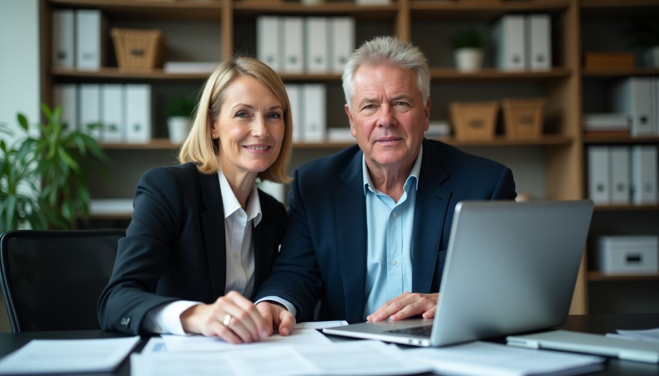 An older couple in business attire overwhelmed by cluttered office.