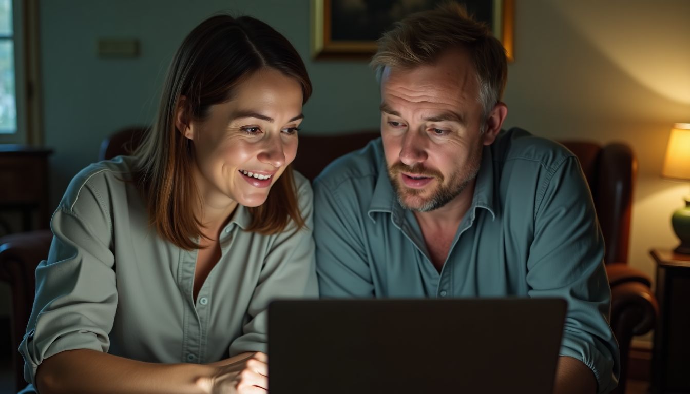 A couple discusses housing prices while viewing listings on a laptop.