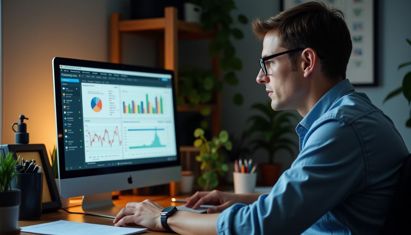 A focused investor analyzes financial data in a cluttered home office.