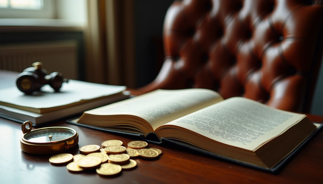 A wooden desk with financial books, coins, and a compass.