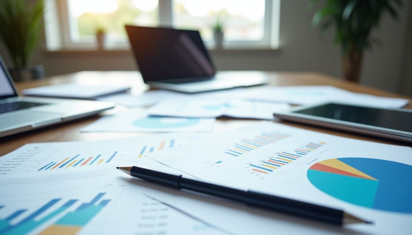 A cluttered office desk with financial documents, investment reports, and charts.