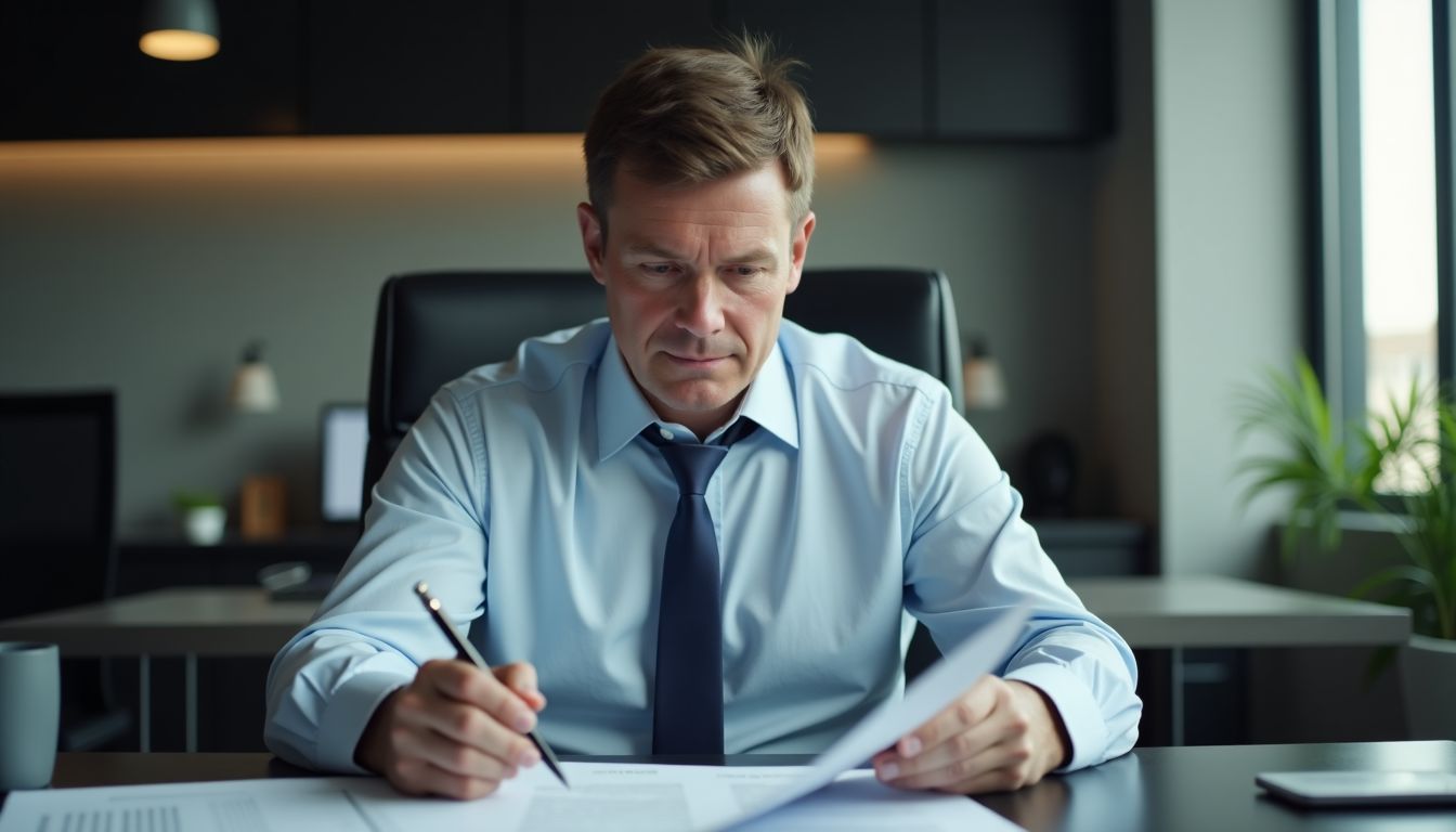 A businessman in his 40s reviewing financial reports in a modern office.