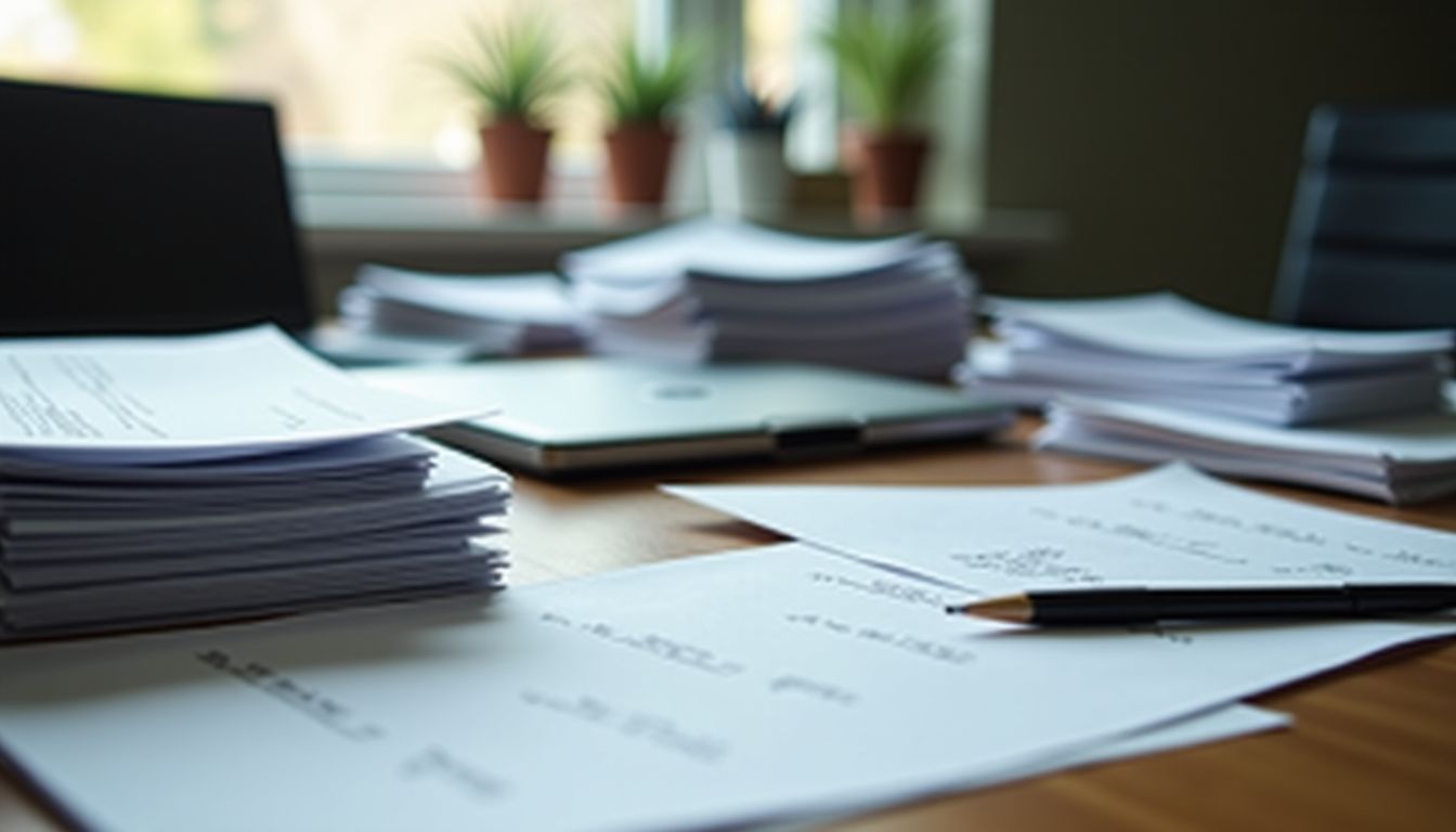 A cluttered desk with unpaid bills calls for better financial organization.