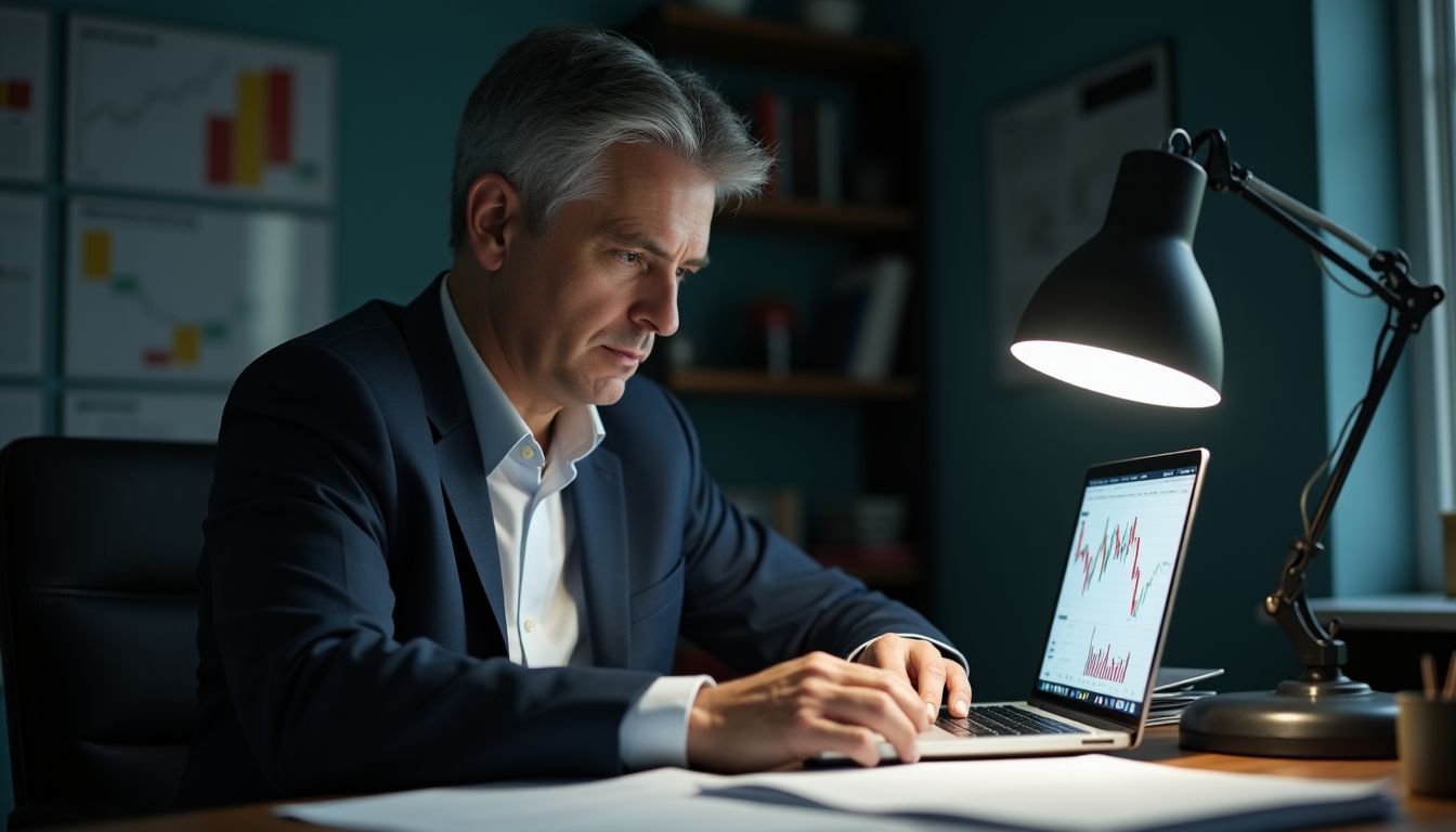 A middle-aged businessman is analyzing financial reports and charts at his cluttered desk.